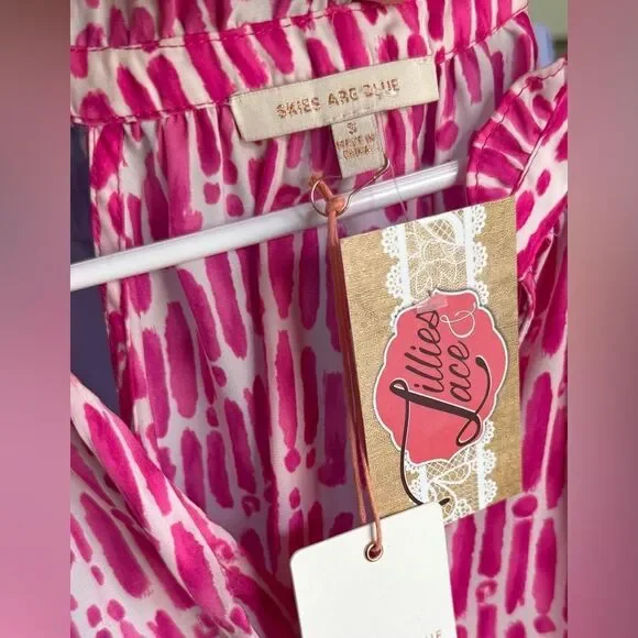 Skies Are Blue Pink Preppy Chevron Watercolor Halter Tiered Babydoll Tank Top - Picture 7 of 7